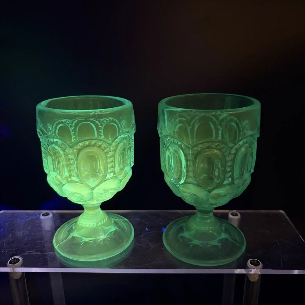 Vintage LE Smith Moon & Stars Peacock Blue Cordial Set of 2 Pedestal Goblet UV +